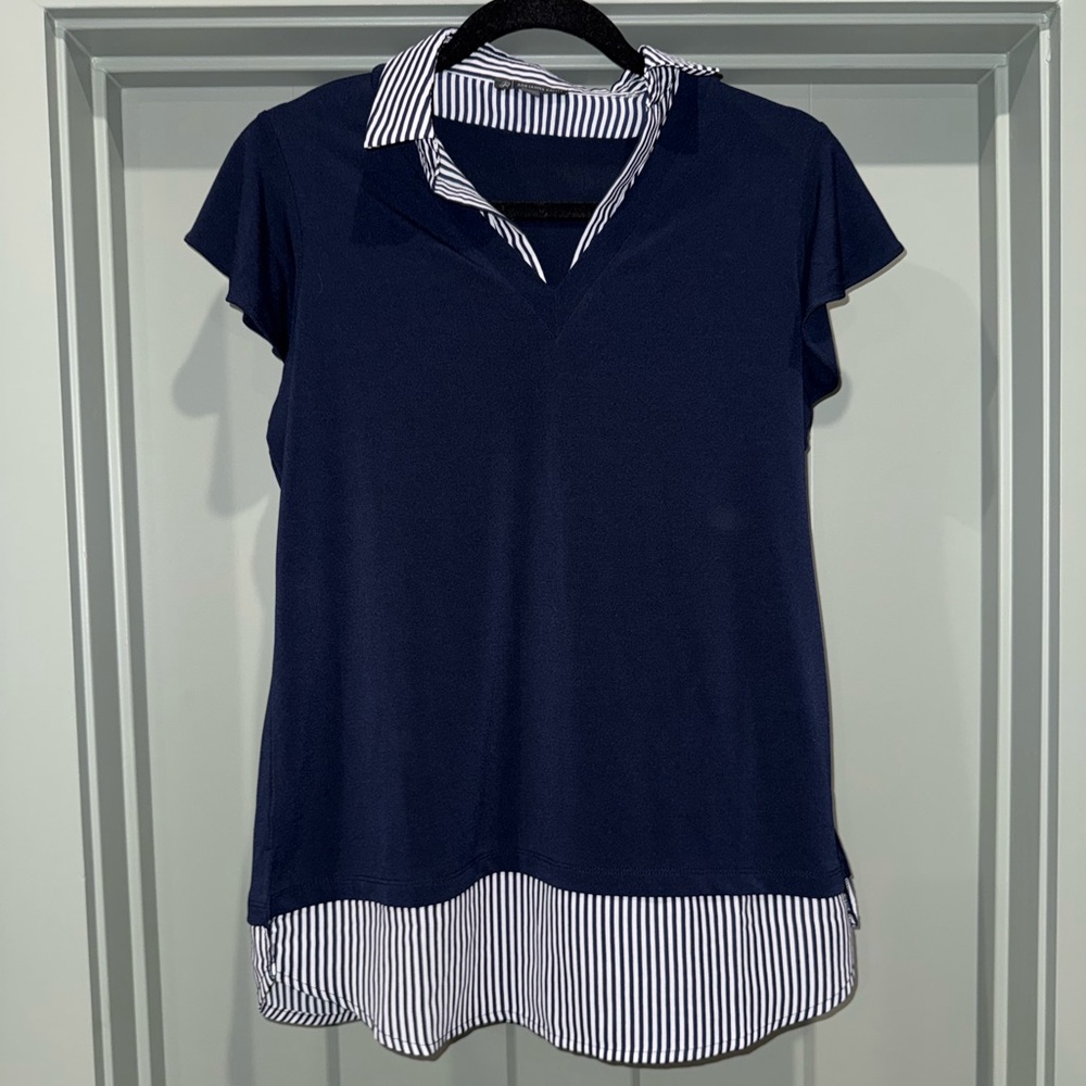 Adrianna Papell Women's Open V-Neck Knit Twofer top- Navy And Stripes- Small